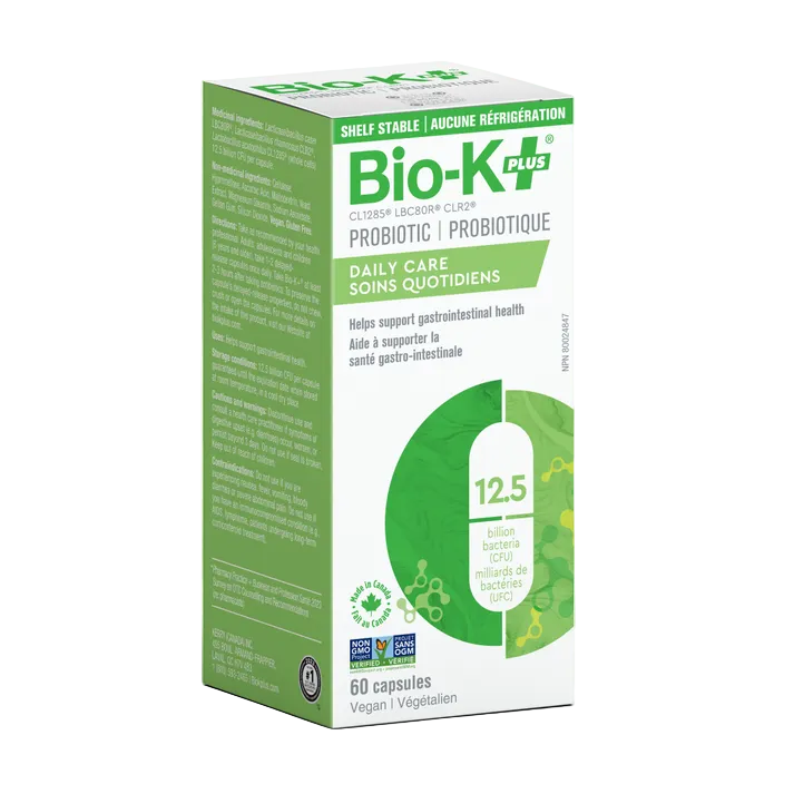 Bio-K Plus probiotic supplement box on a light green background