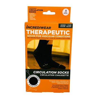 Packaging of Incrediwear Therapeutic Circulation Socks on a white background