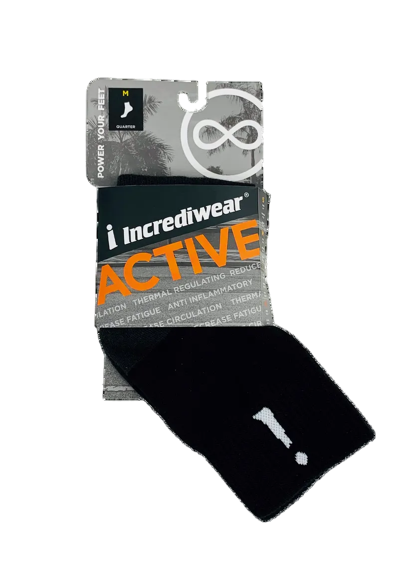Black sock with Incrediwear packaging on a white background