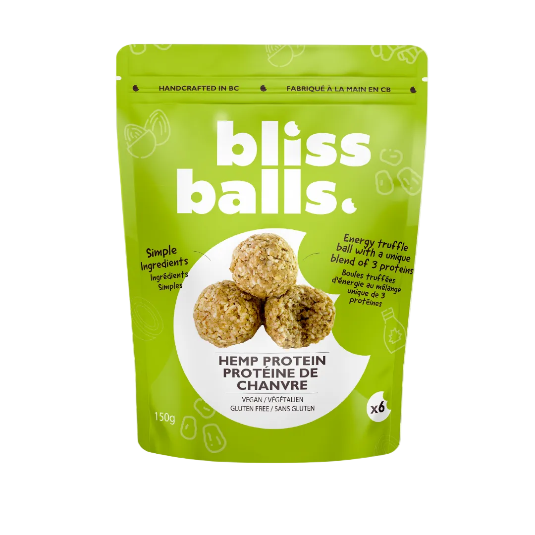 Green package of bliss balls with text and images on a white background