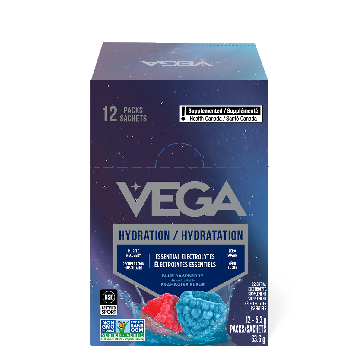 Vega hydration package with blue and red graphics on a white background