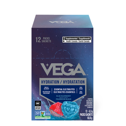 Vega hydration package with blue and red graphics on a white background
