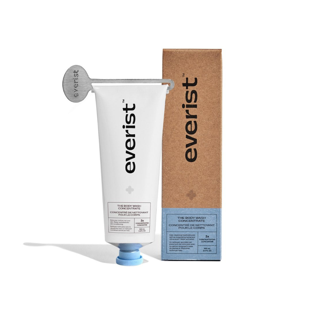 Everist body wash tube and packaging on a white background