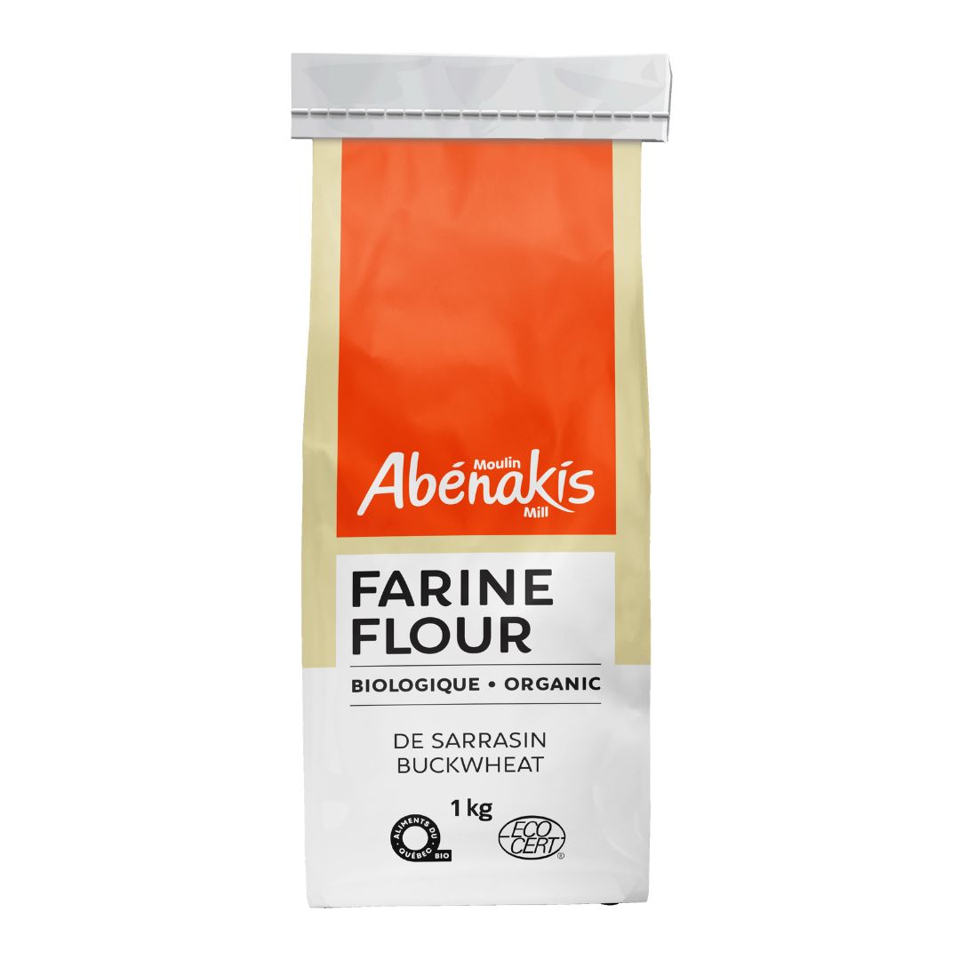 Bag of Abenakis organic buckwheat flour on a white background