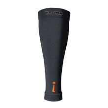 Black compression sleeve with brand logo on a light gray background
