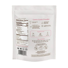 Package of Camu Camu Powder on a bed of brown powder