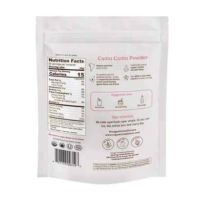 Package of Camu Camu Powder on a bed of brown powder