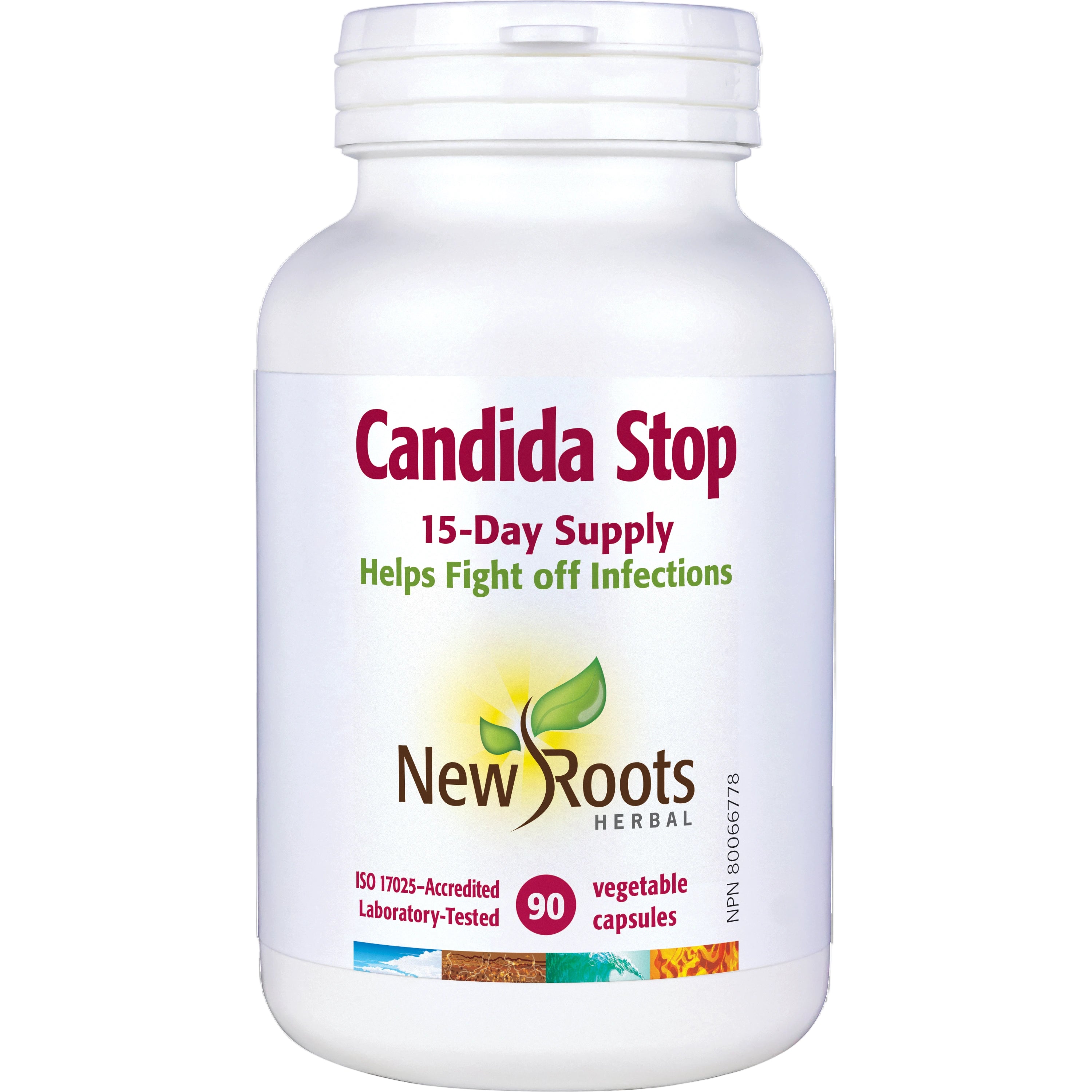 New Roots Herbal Candida Stop supplement bottle on a white background
