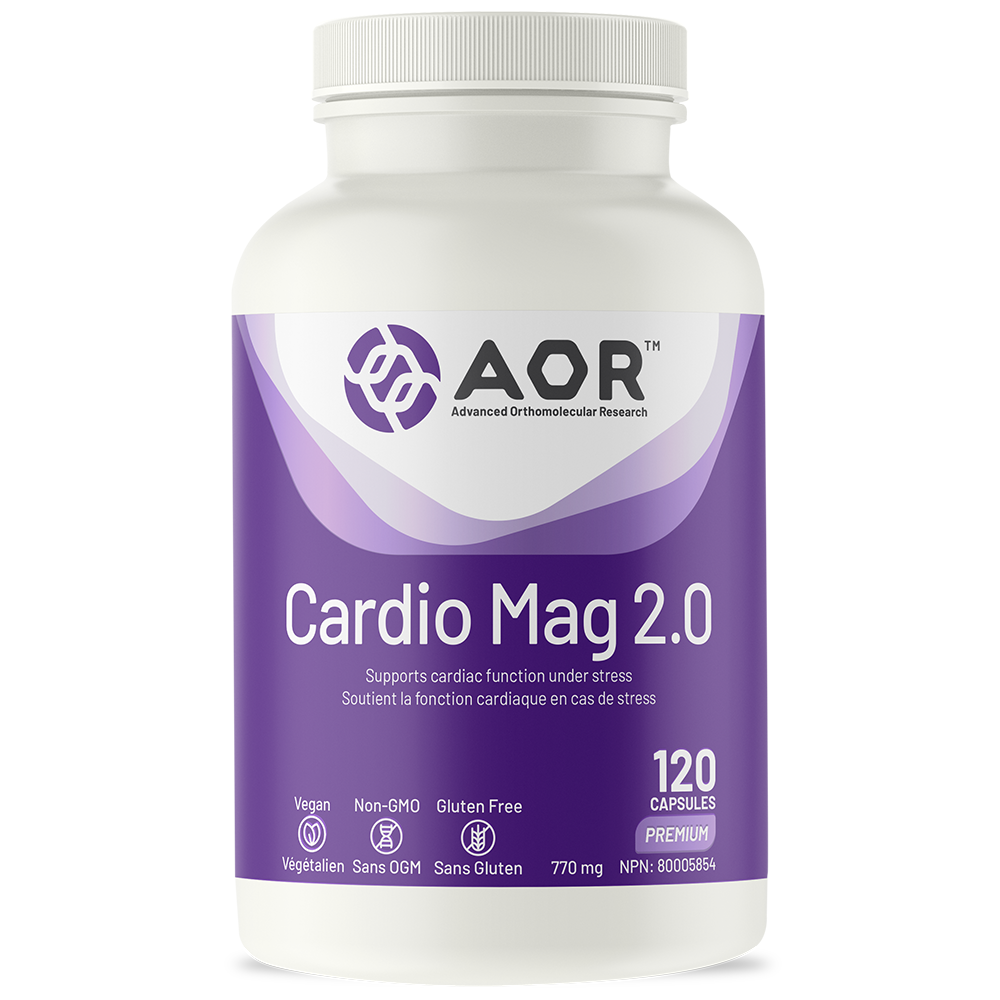 Supplement bottle labeled 'Cardio Mag 2.0' by AOR on a white background