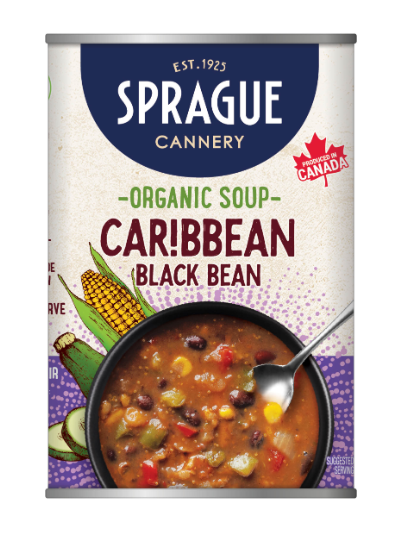 Can of Sprague Organic Soup Caribbean Black Bean on a white background