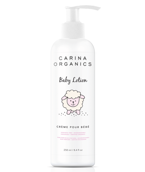 Carina Organics baby lotion bottle on a white background