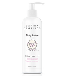 Carina Organics baby lotion bottle on a white background