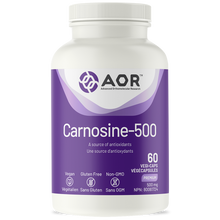 Supplement bottle labeled 'Carnosine-500' by AOR on a white background