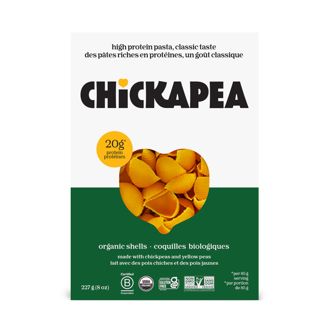 Chickapea pasta packaging with chickpeas in a heart shape on a white background