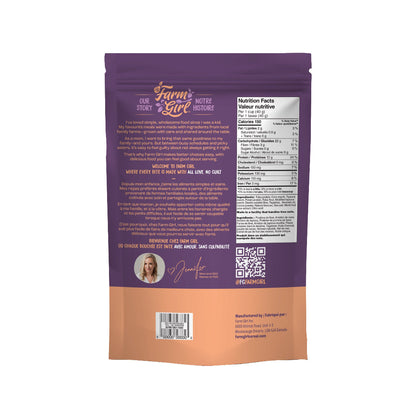 Purple and orange package with text and branding on a white background