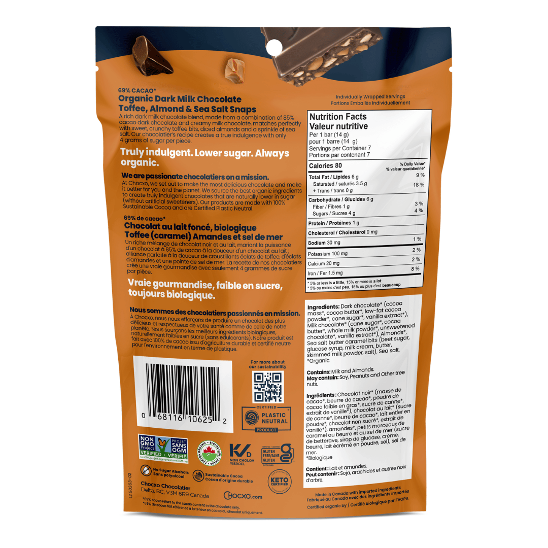 ChocXo Dark Milk Chocolate Toffee, Almond & Sea Salt Snaps (98g) - Lifestyle Markets
