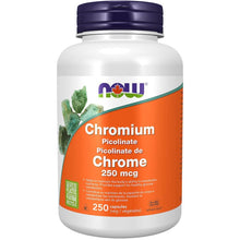 A white plastic bottle of NOW Foods Chromium Picolinate 250 mcg dietary supplement with a dark purple cap and an orange label.