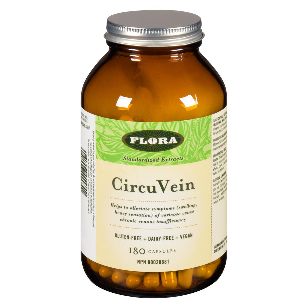 Bottle of Flora CircuVein supplement on a white background