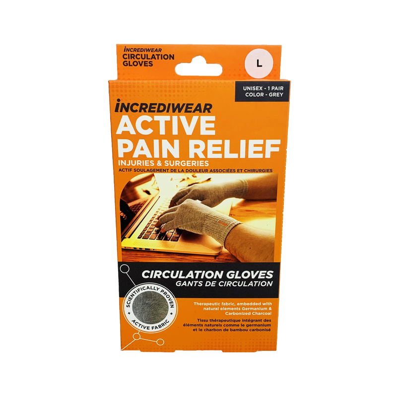 Packaging of Incrediwear Active Pain Relief Circulation Gloves on a white background