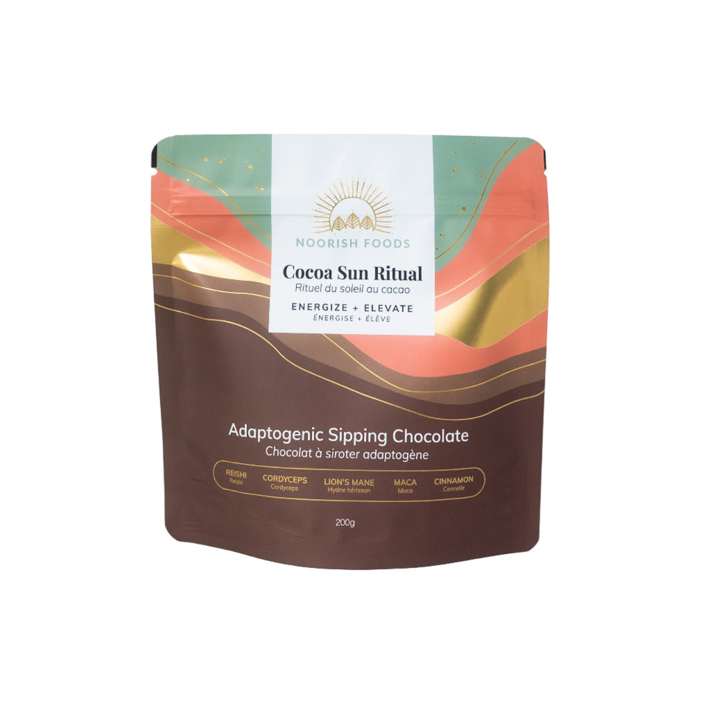 Adaptogenic Sipping Chocolate package with colorful label on a white background