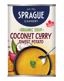 Can of Sprague Organic Soup Coconut Curry Sweet Potato on a white background