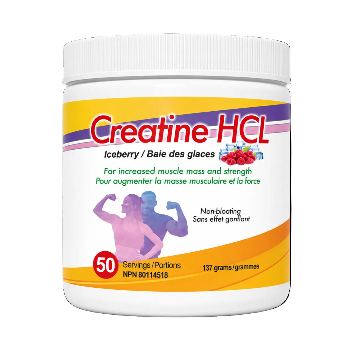 A white plastic tub of Creatine HCL supplement with a white screw cap, featuring a label with orange, yellow, and purple graphics, and text in English and French.