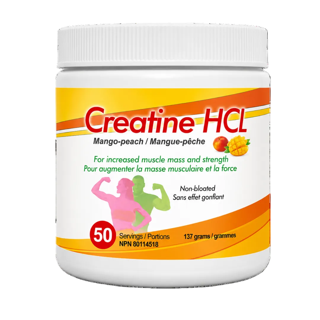 A white plastic bottle of Creatine HCL dietary supplement with a white, orange, and yellow label, featuring illustrations of two flexing men and fruit graphics.