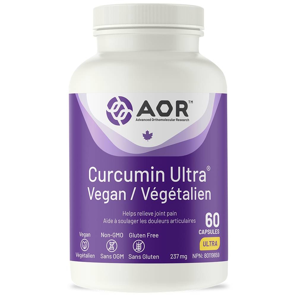 Vitamin supplement bottle labeled 'Curcumin Ultra' by AOR on a white background