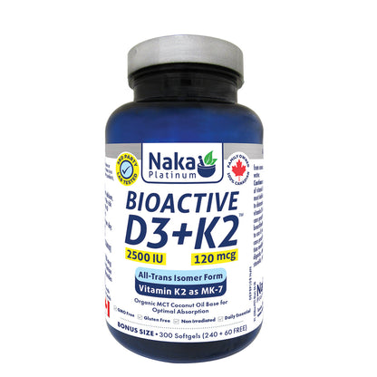 Naka Bioactive D3+K2 supplement bottle on a white background
