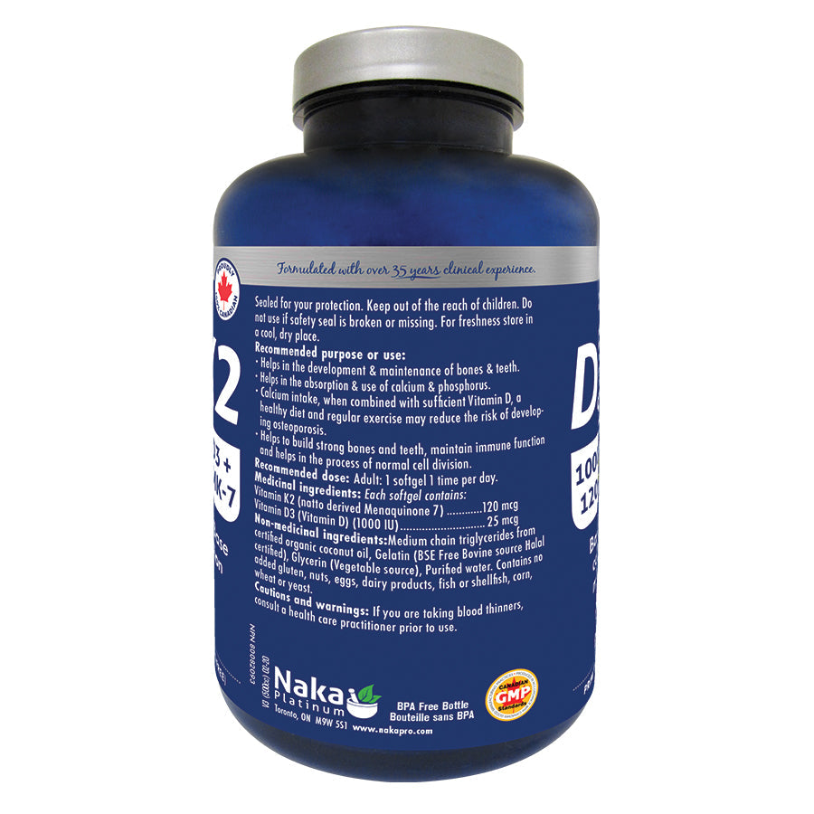 Blue supplement bottle with white text on a white background