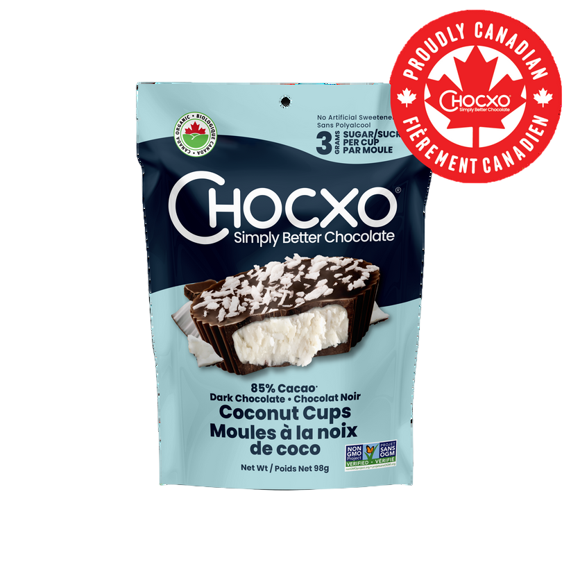 Chocxo coconut cup package with a red logo on a white background