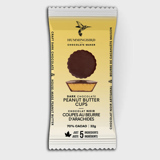 Packaging of Hummingbird Chocolate Maker dark chocolate peanut butter cups on a white background