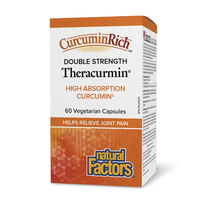 Box of CurcuminRich Double Strength Theracurmin capsules by Natural Factors on a white background