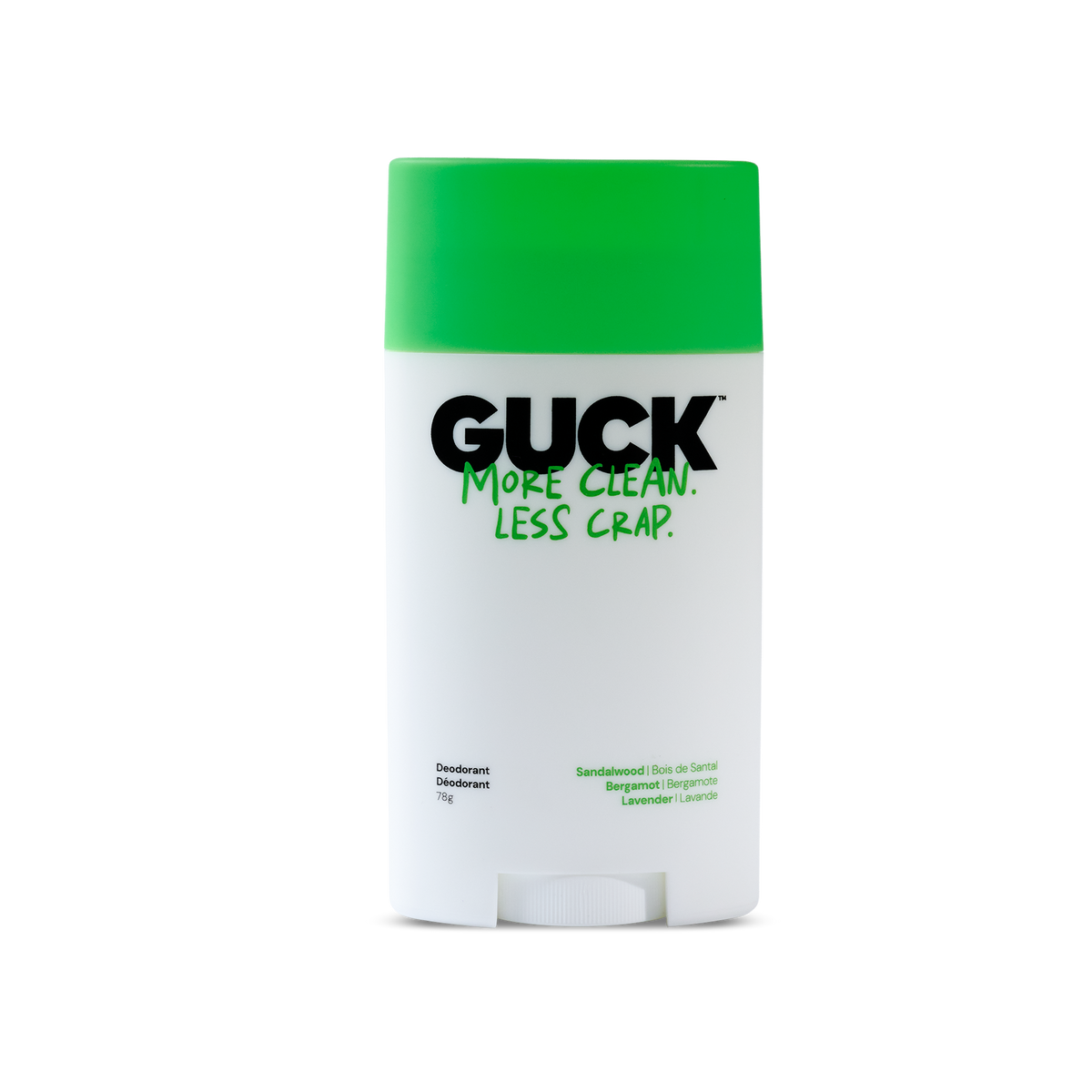 A GUCK brand deodorant stick with a bright green cap and a white body, featuring the text 'MORE CLEAN. LESS CRAP.