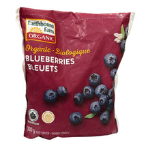 Earthbound Farm Organic Blueberries in a 300g bag, featuring a deep burgundy packaging with illustrations of fresh blueberries and the Earthbound Farm logo.