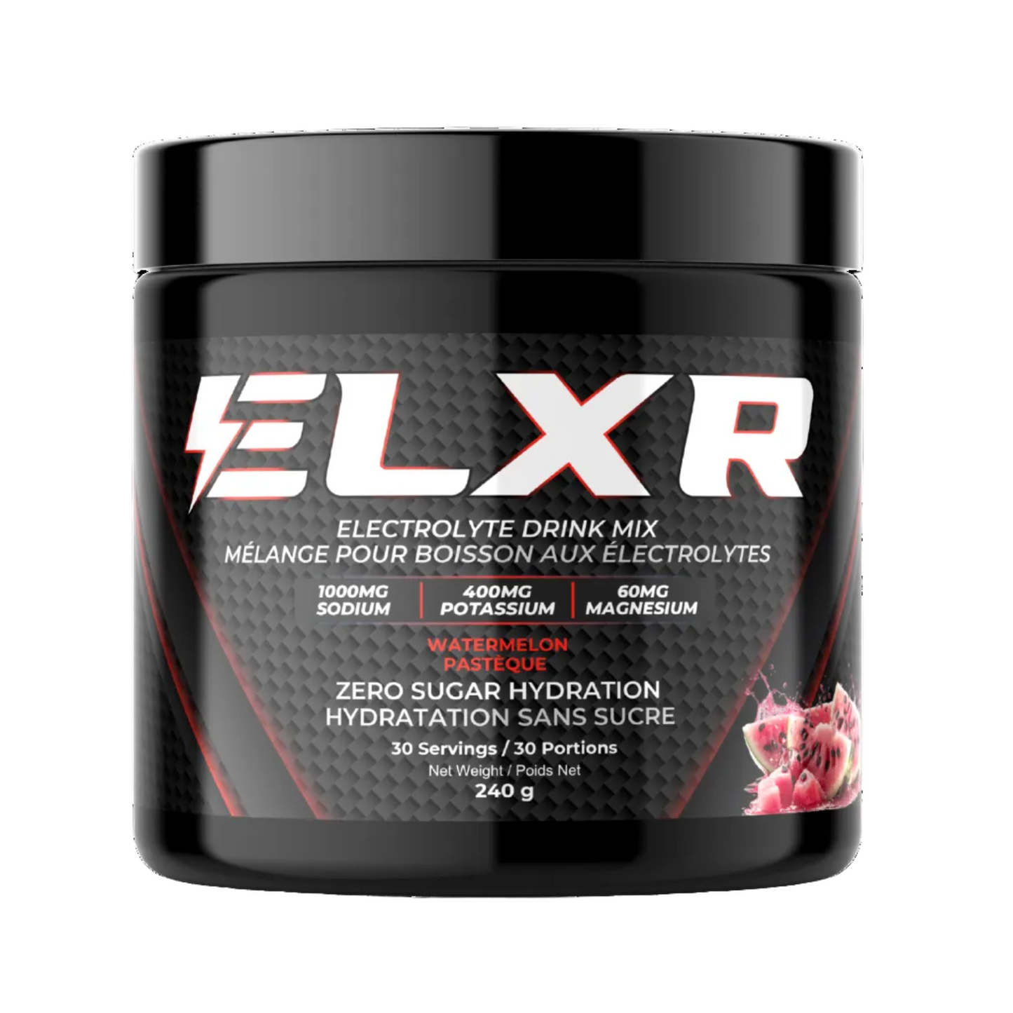 ELXR electrolyte drink mix container on a white background
