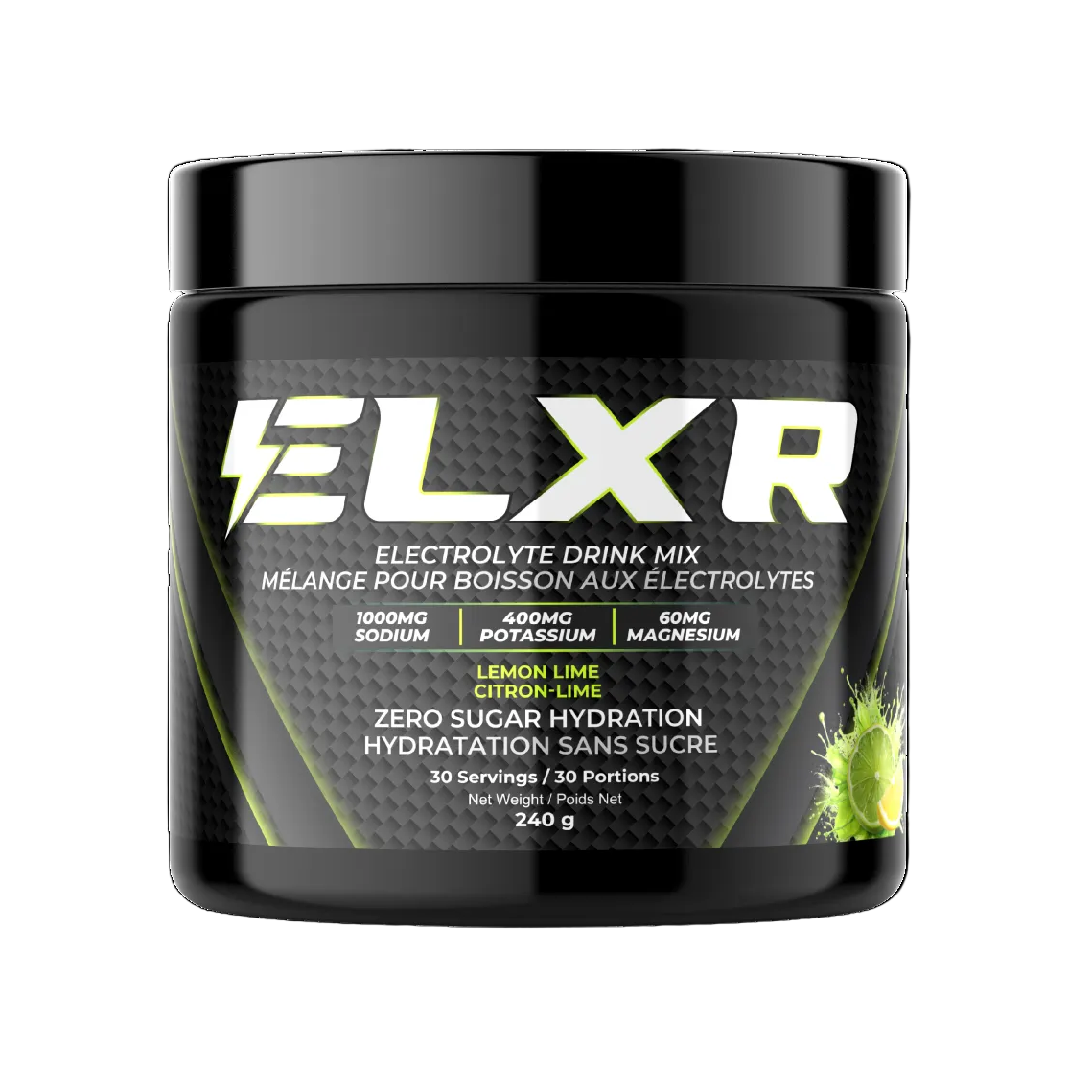 ELXR electrolyte drink mix container on a white background