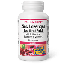 Bottle of Echinamide Zinc Lozenges for sore throat relief on a white background