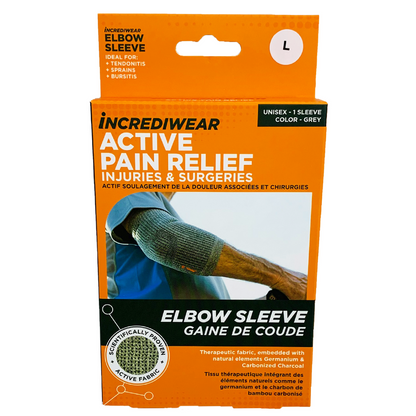 Packaging of Incrediwear elbow sleeve for pain relief on a white background