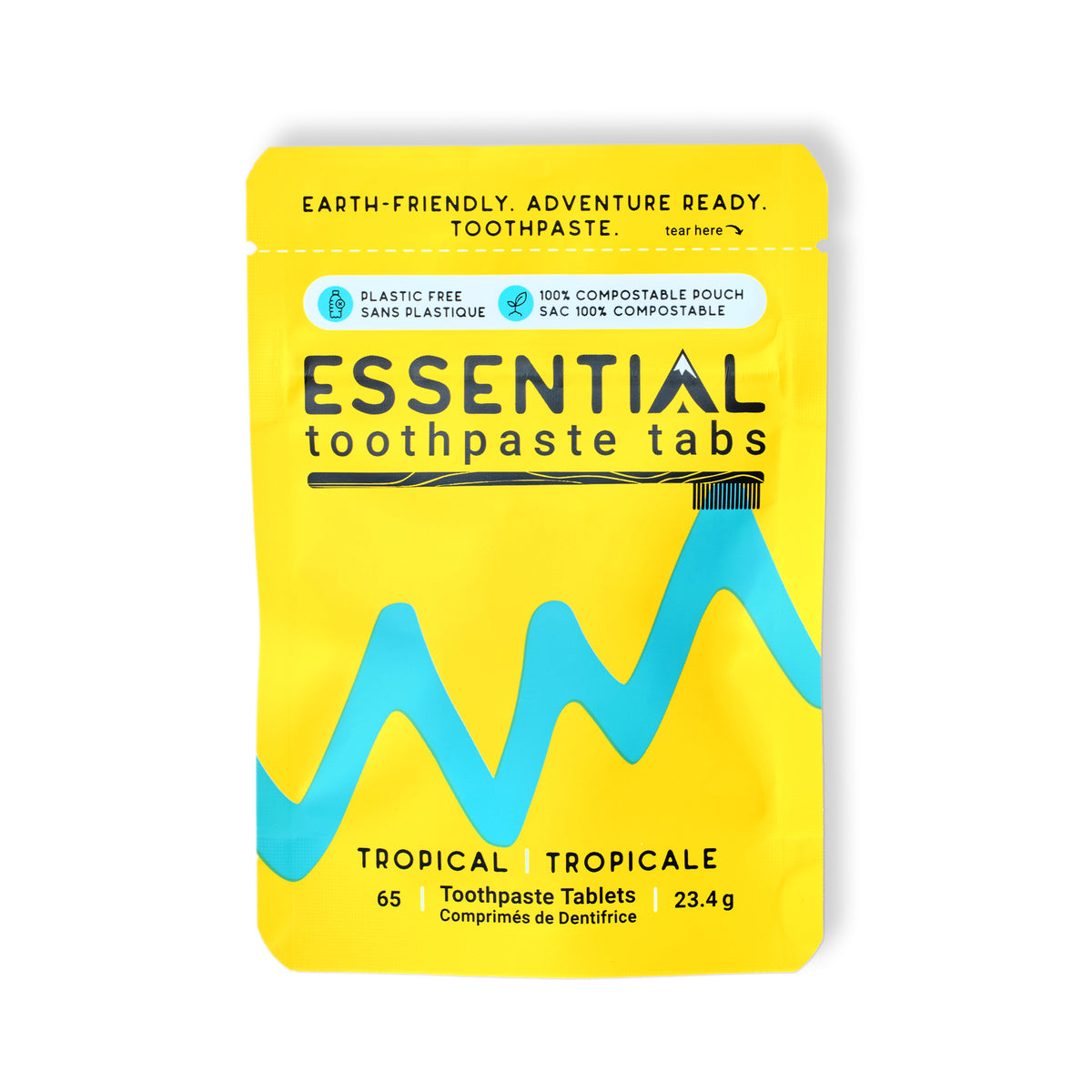 Pack of Essential toothpaste tabs on a white background