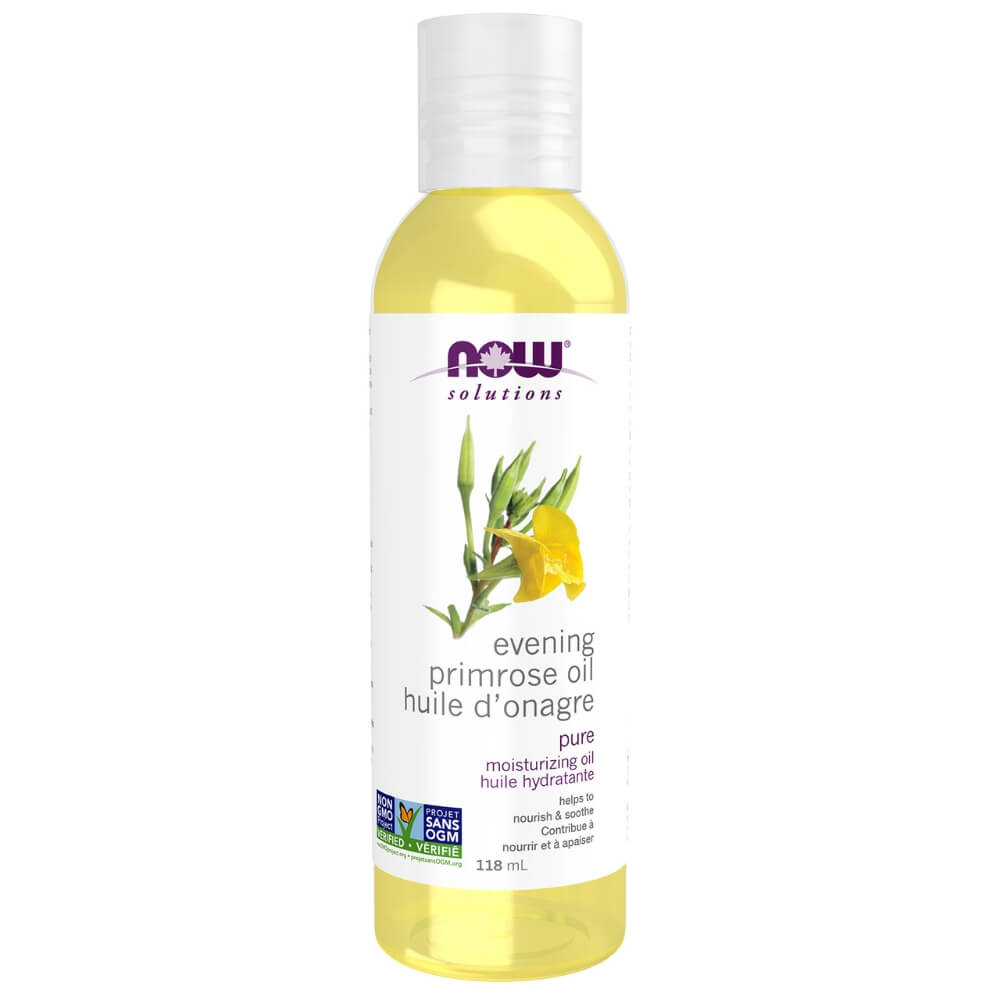 A bottle of NOW Solutions Evening Primrose Oil pure moisturizing oil, 118 mL. The bottle is made of translucent yellow plastic showing the oil inside, with a white cap and a white label featuring a yellow flower illustration and the NOW logo.