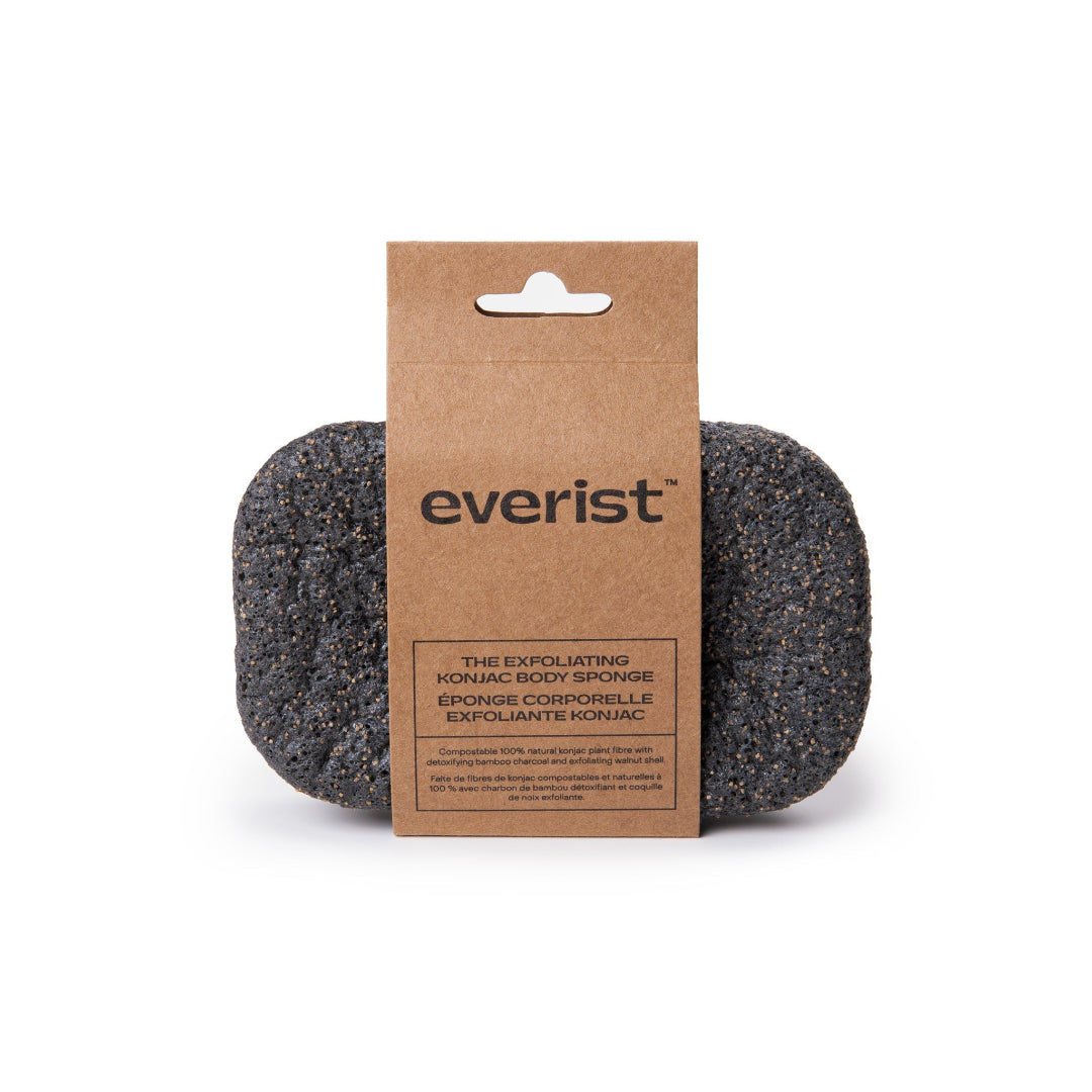 Exfoliating konjac body sponge with cardboard packaging labeled 'everist' on a white background