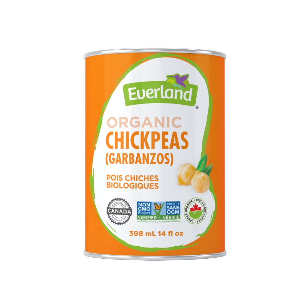 A can of Everland Organic Chickpeas (Garbanzo) with a green and orange label, indicating that the product is organic and gluten-free, and made in Canada.
