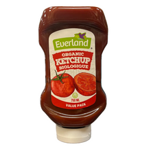 Bottle of Evertland organic ketchup on a white background