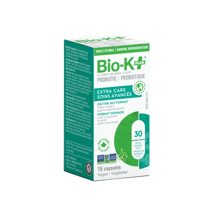 Bio-K Plus probiotic supplement box on a light blue background