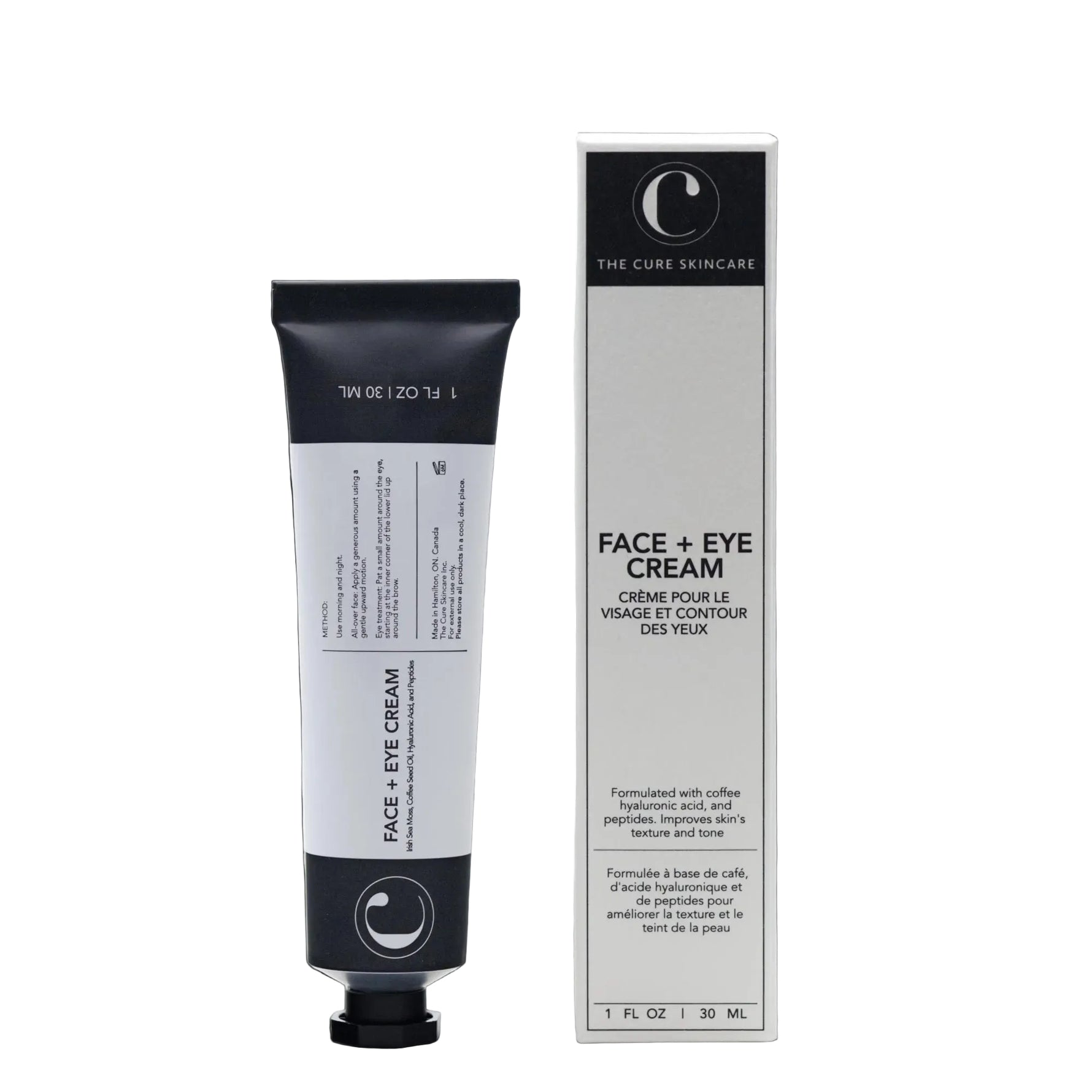 Tube and packaging of Face + Eye Cream by The Cure Skincare on a white background