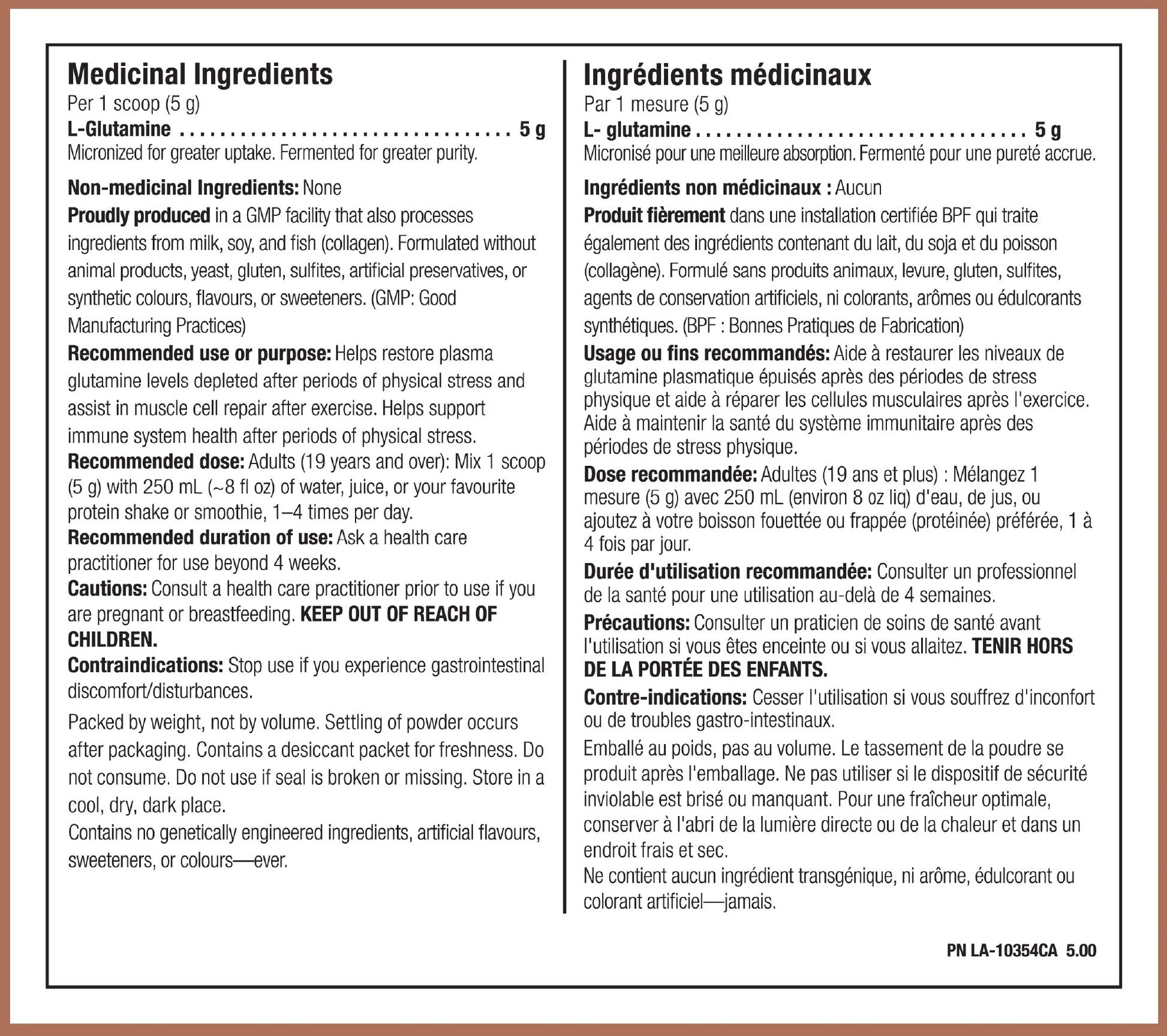 Nutrition label for L-Glutamine on a brown background