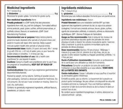 Nutrition label for L-Glutamine on a brown background