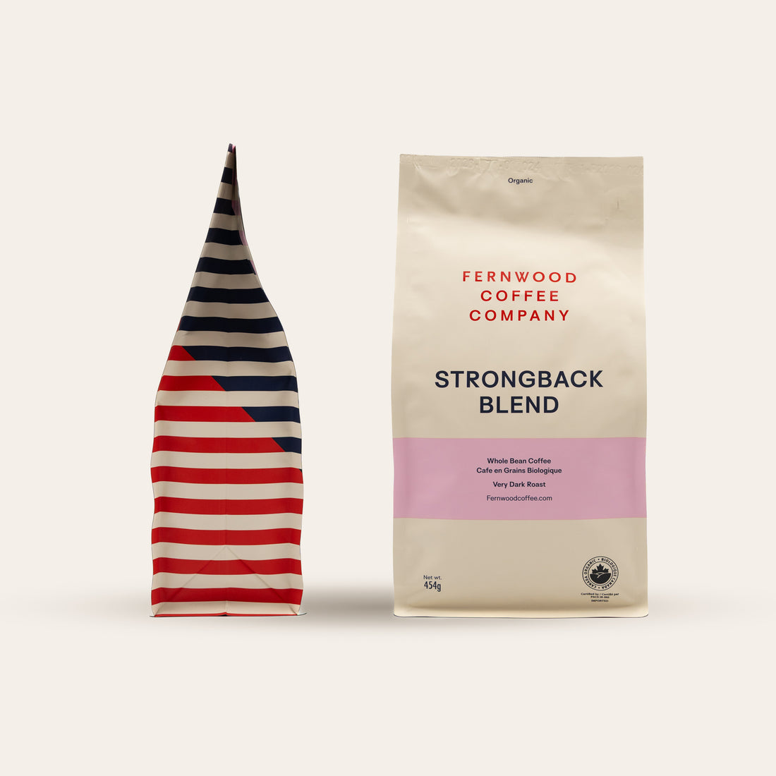 Fernwood Coffee Company Strongback Blend coffee package with a striped design on a white background