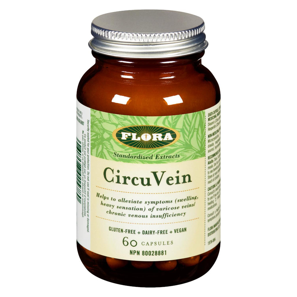 Bottle of Flora CircuVein supplement on a white background
